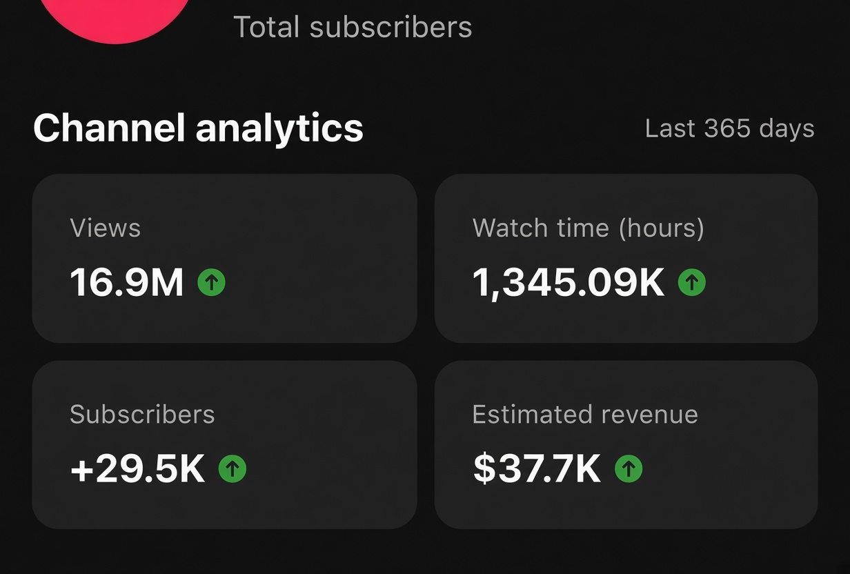 YouTube Studio channel analytics for the last 365 days, showing 16.9 million views, 1.345 million watch hours, 29,500 new subscribers, and $37,700 estimated revenue