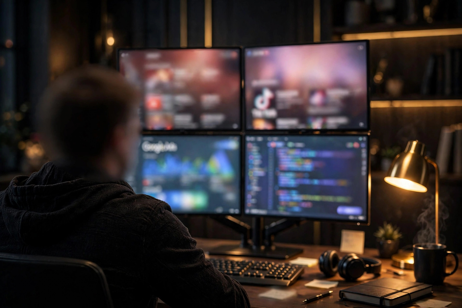 Team member monitoring blurred platform feeds across multiple screens